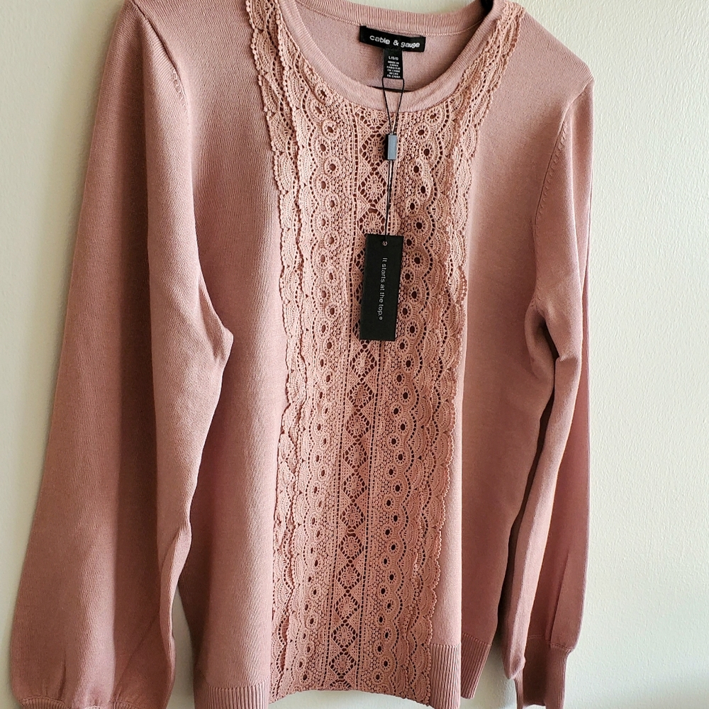 Cable and Gauge Blouson Sleeve lightweight Pullover With Lace detail NWT size L